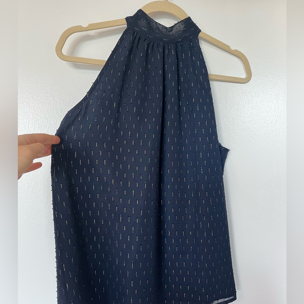 High neck tie sleeveless dress blouse with metallic thread